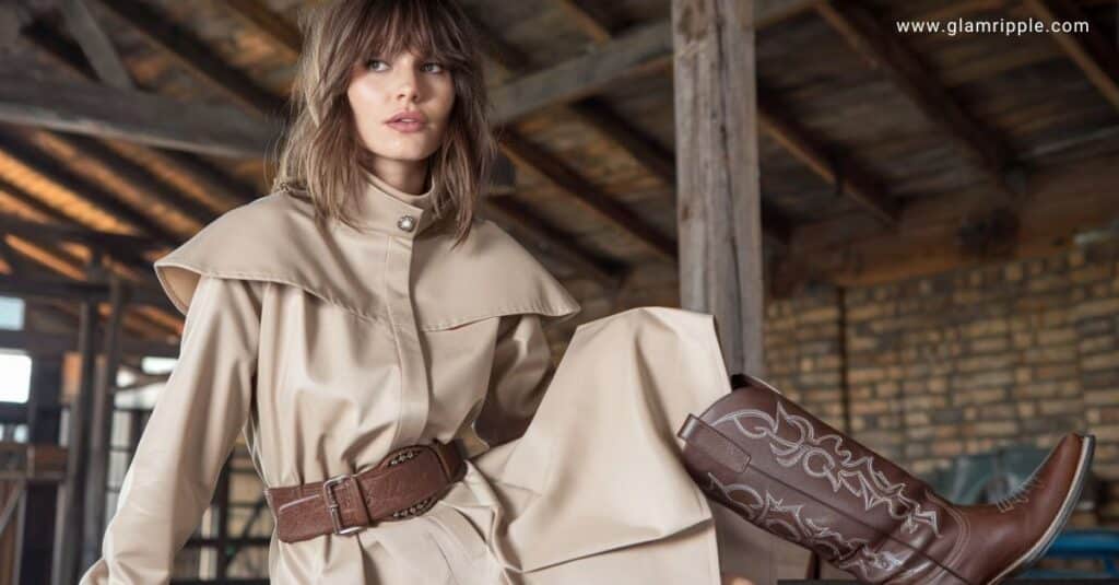 Pleated Midi Dress in Earth Tones with Silver Cowboy Boots