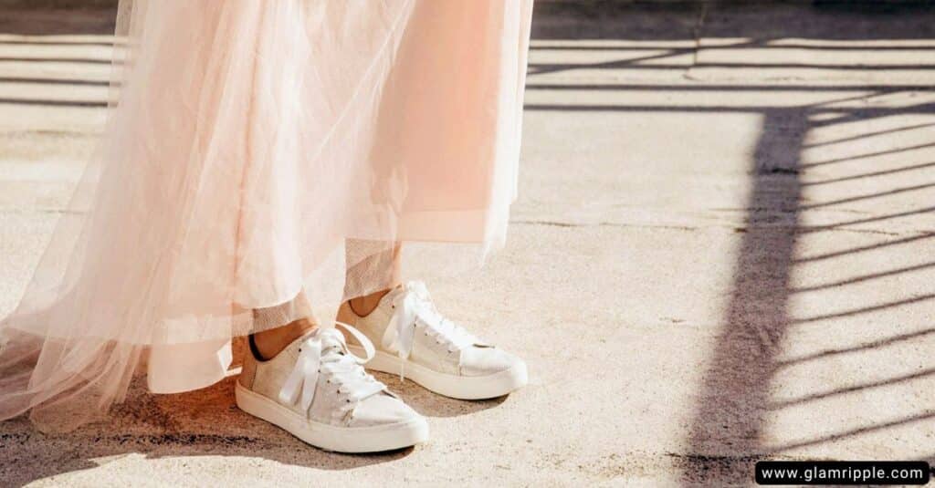 Cream Satin Skirt with White Sneakers